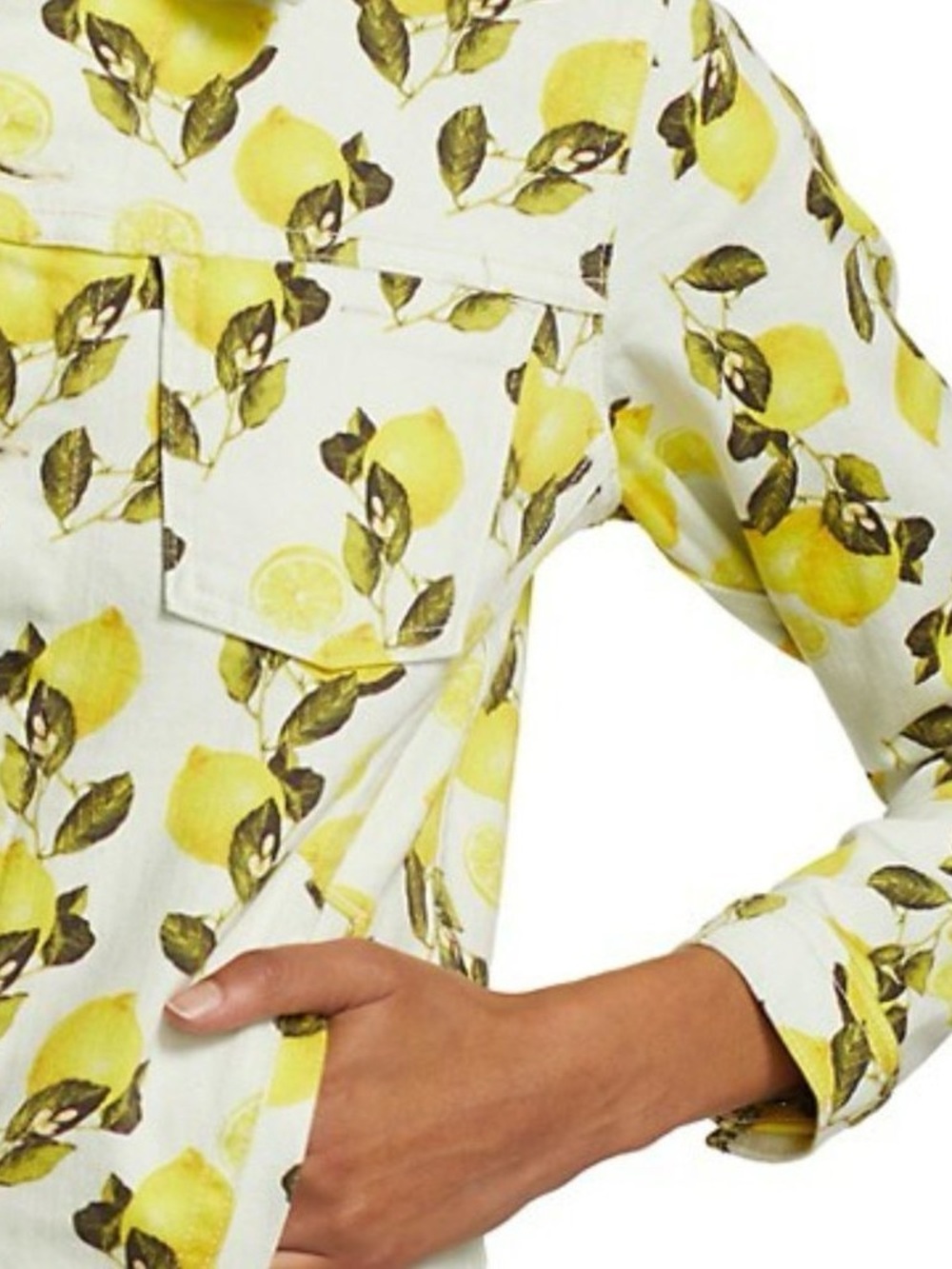 L'AGENCE Celine Lemons Print Yellow White Denim Jean Jacket Size S NWOT - Picture 2 of 8